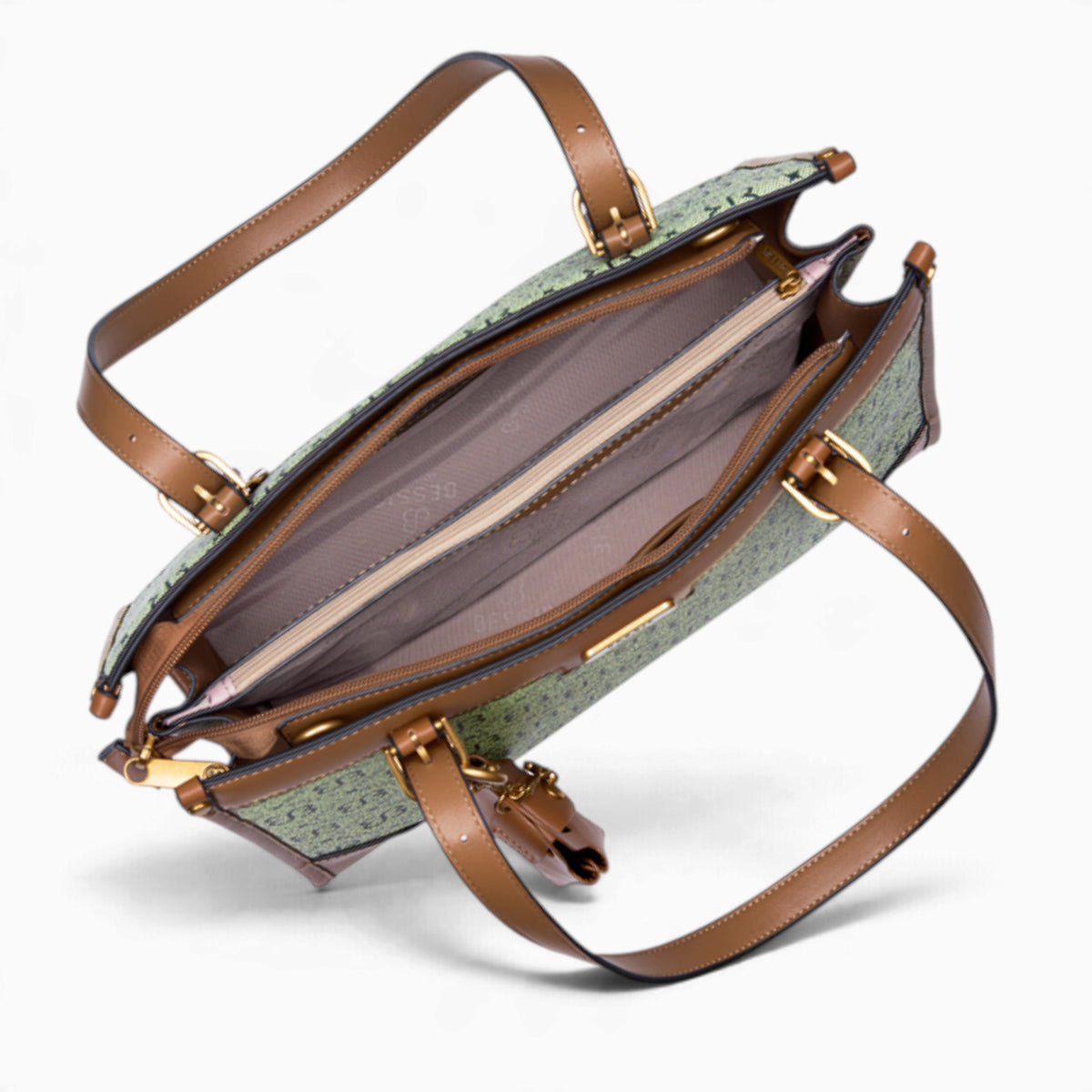 Grey monogram shoulder bag opened to show the main compartment and its three sections