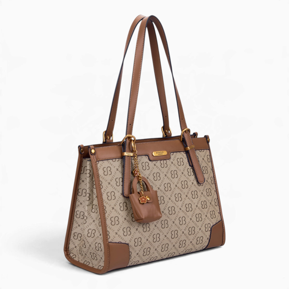 Khaki monogram shoulder bag, angled view showing the monogram print and charm