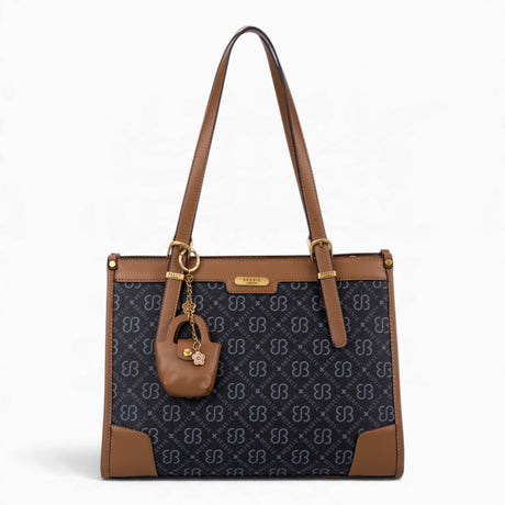 Black monogram shoulder bag with a charm and top handles