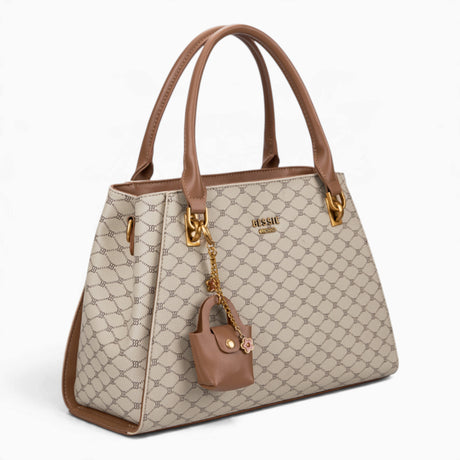 Khaki sculpted monogram tote bag, angled view showing the sculpted shape and charm
