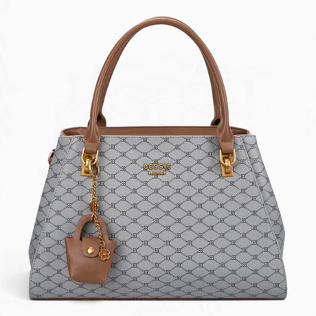Grey sculpted monogram tote bag with a charm and double handles