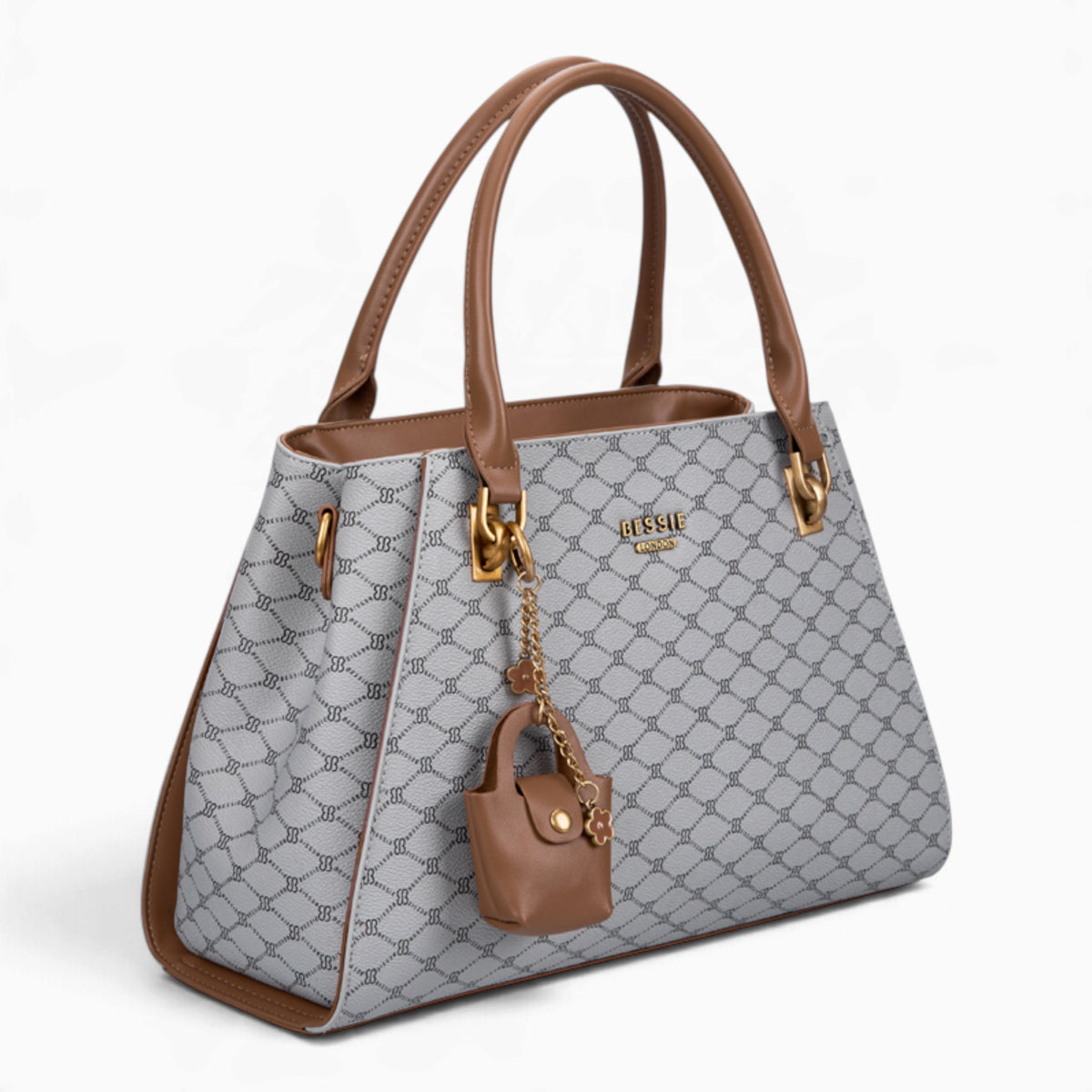 Grey sculpted monogram tote bag, angled view showing the sculpted shape and charm