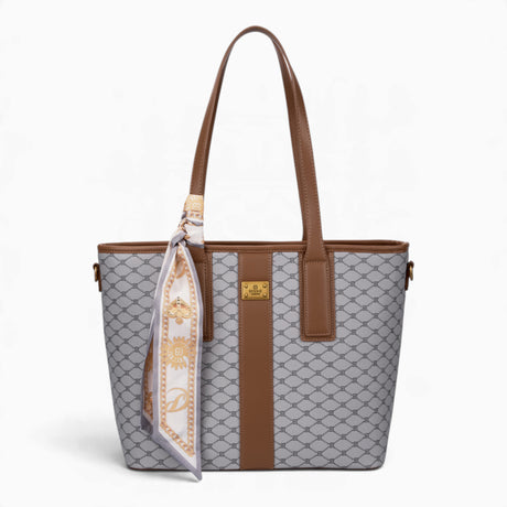 Grey monogram shopper bag with shoulder straps and a scarf accent