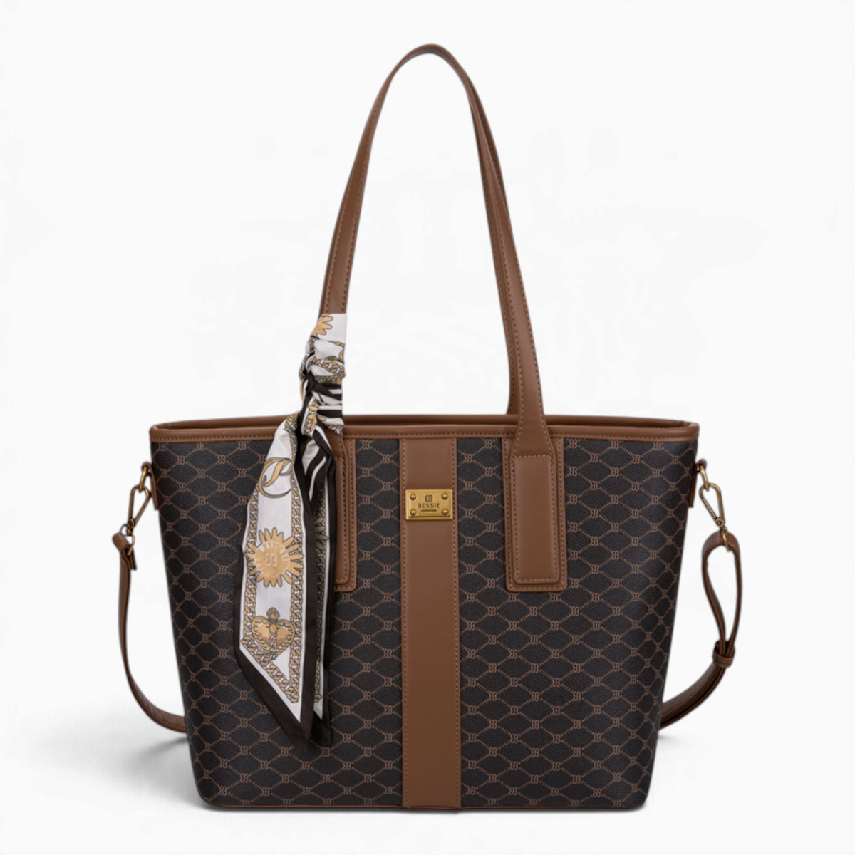 Coffee monogram shopper bag with shoulder straps and a scarf accent