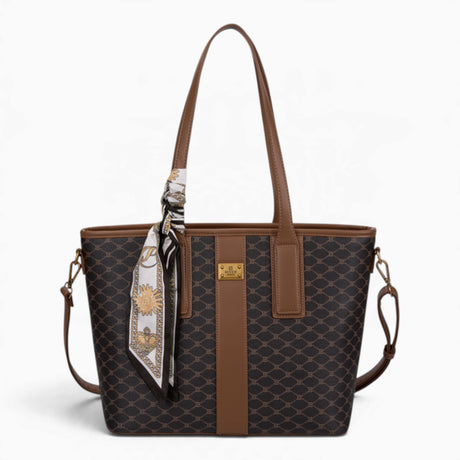 Coffee monogram shopper bag with shoulder straps and a scarf accent