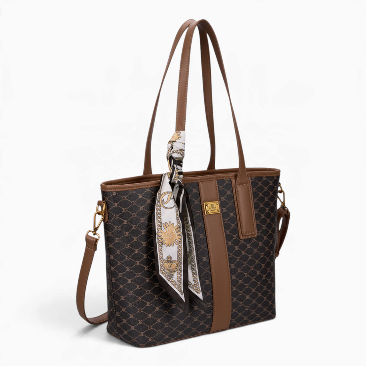 Coffee monogram shopper bag, angled view showing the monogram print and scarf