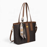Coffee monogram shopper bag, angled view showing the monogram print and scarf
