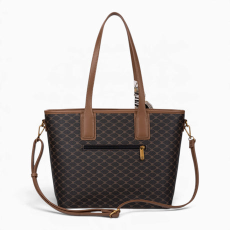 Coffee monogram shopper bag from the back, showing the rear zipped pocket
