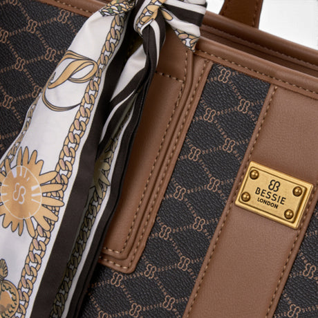 Coffee monogram shopper bag, close-up of the monogram print and scarf