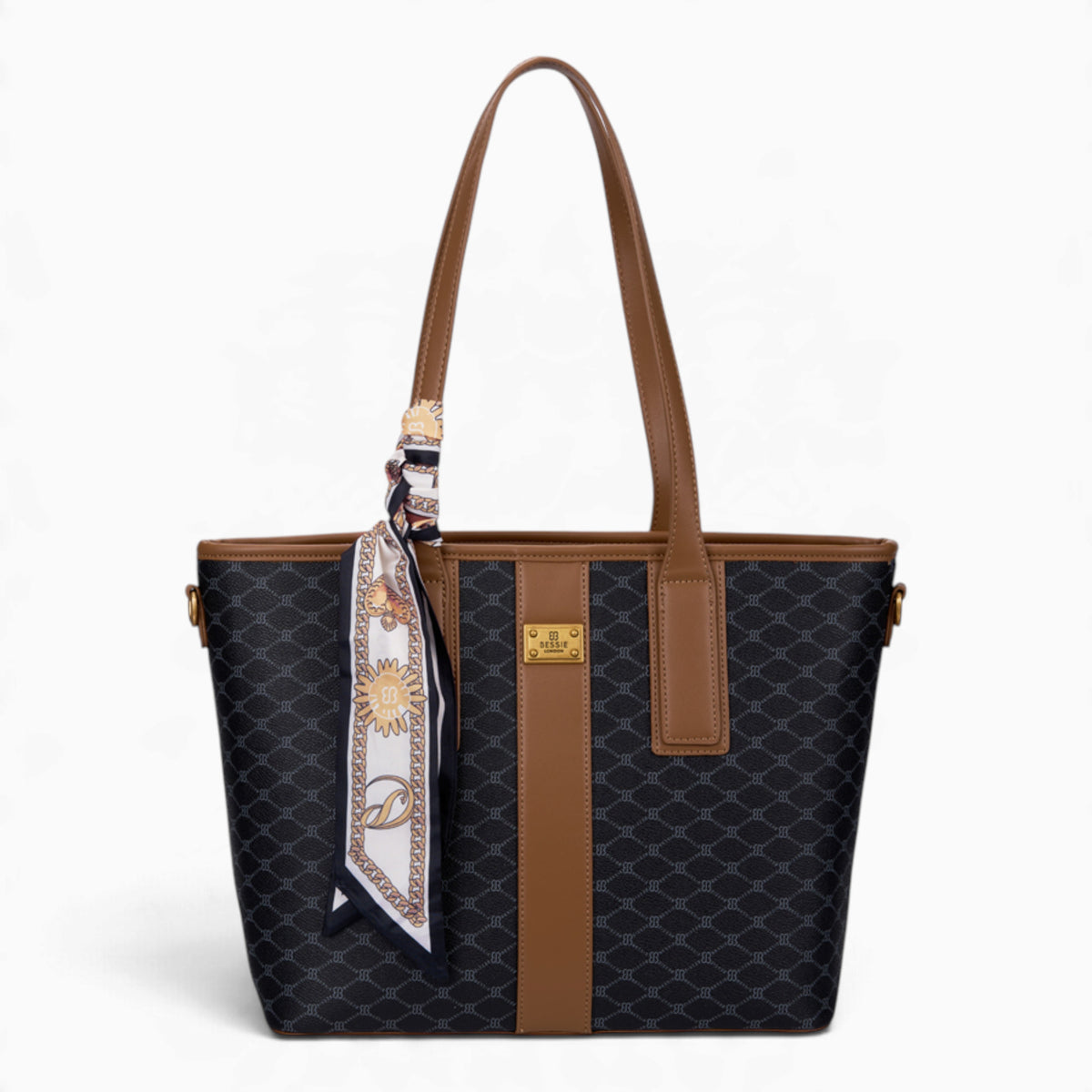 Black monogram shopper bag with shoulder straps and a scarf accent