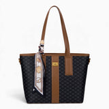 Black monogram shopper bag with shoulder straps and a scarf accent
