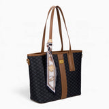 Black monogram shopper bag, angled view showing the monogram print and scarf