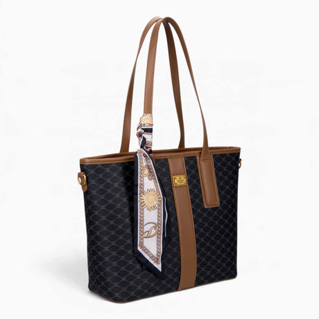 Black monogram shopper bag, angled view showing the monogram print and scarf