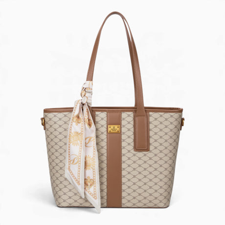 Khaki monogram shopper bag with shoulder straps and a scarf accent