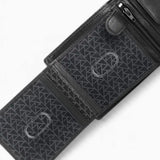 Black leather RFID trifold wallet opened to show the card slots, ID windows and note section