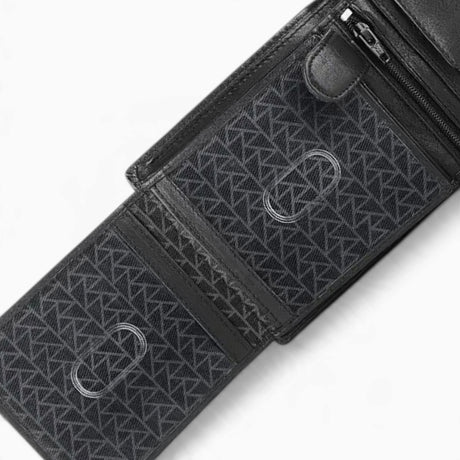 Black leather RFID trifold wallet opened to show the card slots, ID windows and note section