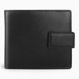 Black leather RFID trifold wallet with a press-stud tab closure