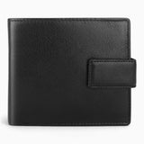 Black leather RFID trifold wallet with a press-stud tab closure