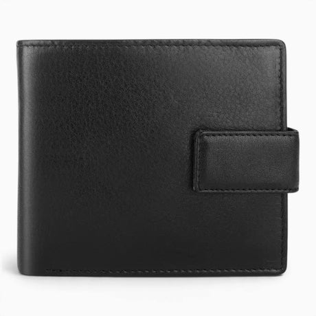 Black leather RFID trifold wallet with a press-stud tab closure