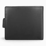 Black leather RFID trifold wallet from the back, showing the smooth leather back