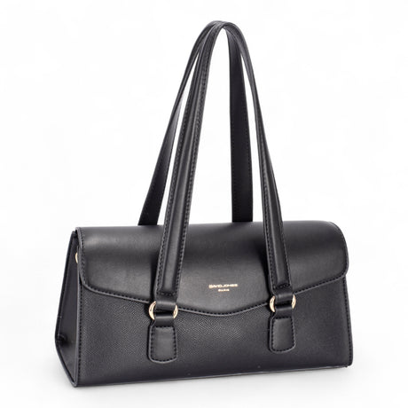 Black half-flap shoulder bag with long handles and an adjustable strap
