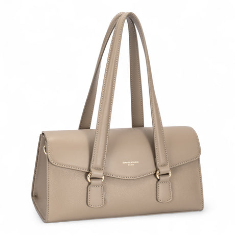 Warm Taupe half-flap shoulder bag with long handles and an adjustable strap