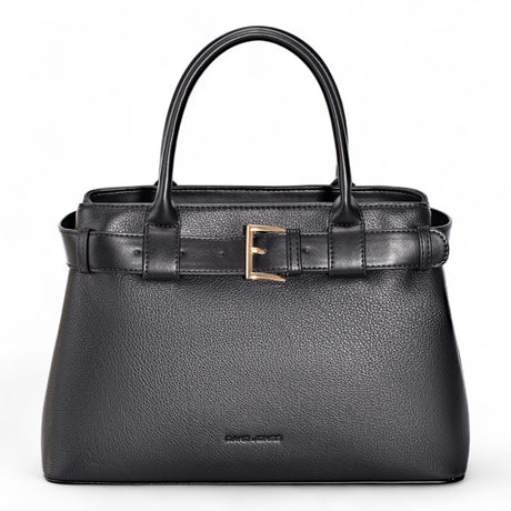 Black belt-detail tote bag with top handles and a belt-buckle detail