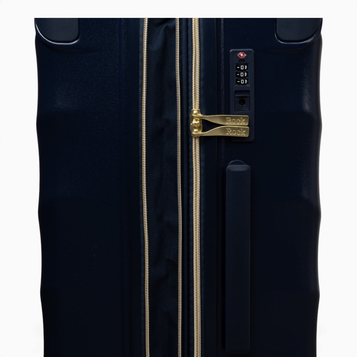 Midnight Navy Sahara suitcase, close-up of the expansion zip