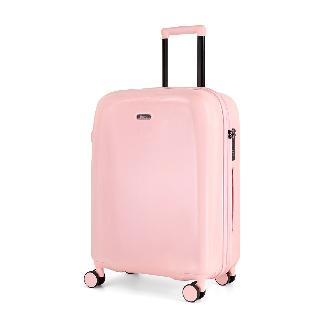 Strawberry Gelato medium suitcase, angled view showing the hard shell and carry handles