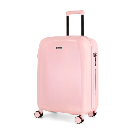 Strawberry Gelato medium suitcase, angled view showing the hard shell and carry handles