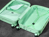 Pistachio Gelato suitcase opened to show the peach skin lining, wet pocket and packing straps