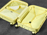 Lemon Ice Gelato suitcase opened to show the peach skin lining, wet pocket and packing straps