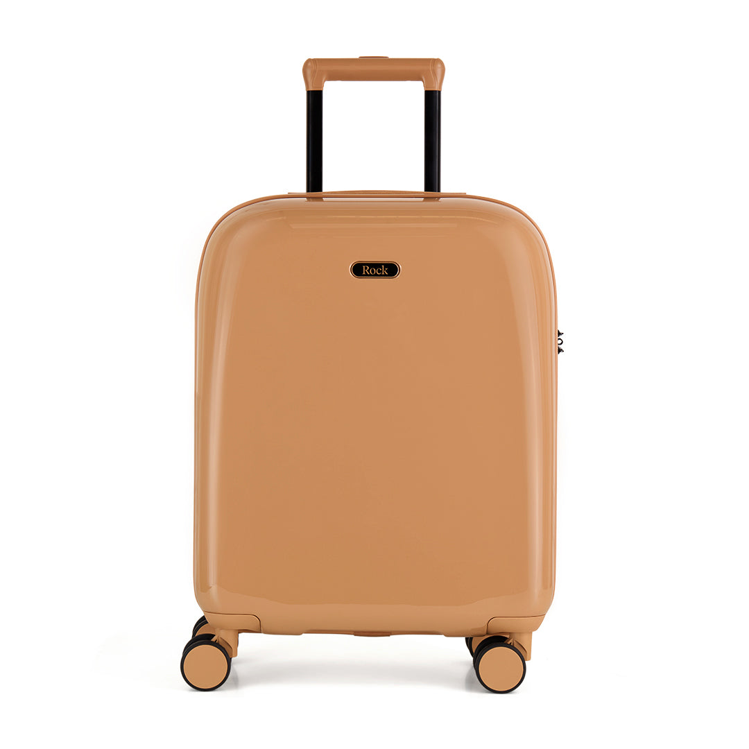 Chocolate Gelato cabin suitcase with a smooth hard shell and 8 double spinner wheels
