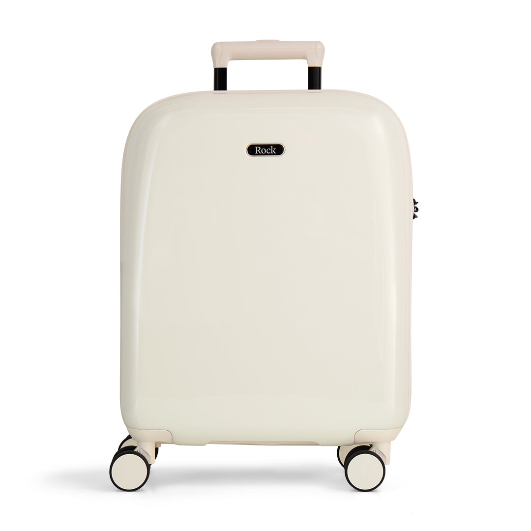Vanilla Gelato cabin suitcase with a smooth hard shell and 8 double spinner wheels