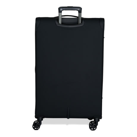 Black Vitality soft shell large suitcase from the back, showing the back panel and trolley handle