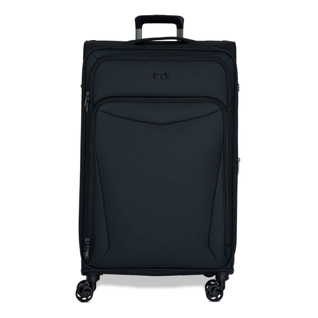 Black Vitality soft shell large suitcase with a zipped front pocket and 8 spinner wheels