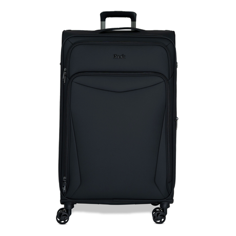 Black Vitality soft shell large suitcase with a zipped front pocket and 8 spinner wheels