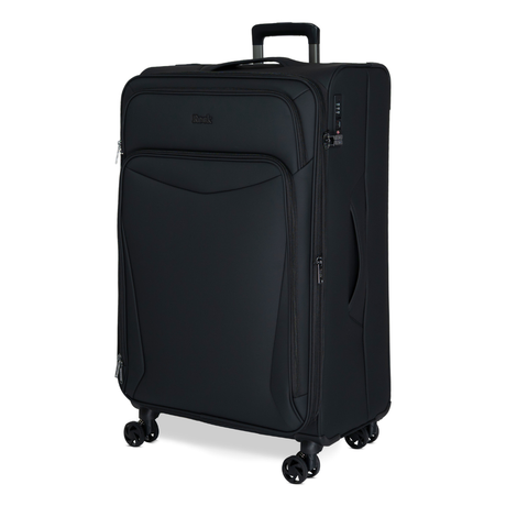 Black Vitality soft shell large suitcase, angled view showing the front pocket and trolley handle
