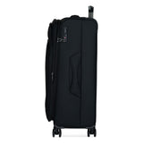 Black Vitality soft shell large suitcase, side view showing the expansion zip and side handle