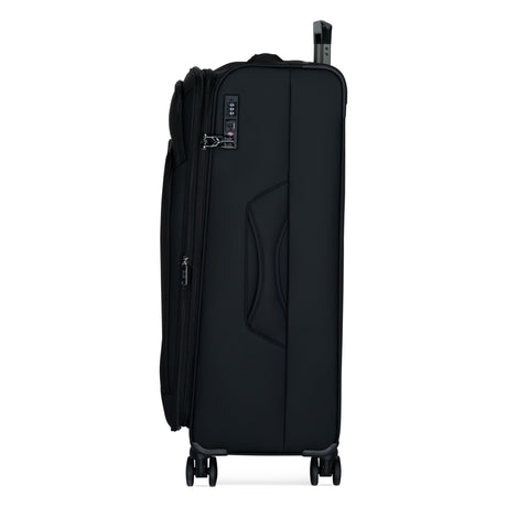 Black Vitality soft shell large suitcase, side view showing the expansion zip and side handle