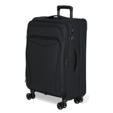Black Vitality soft shell medium suitcase, angled view showing the front pocket and trolley handle