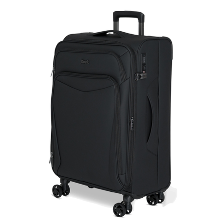 Black Vitality soft shell medium suitcase, angled view showing the front pocket and trolley handle