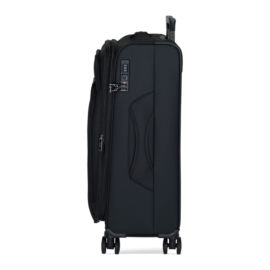 Black Vitality soft shell medium suitcase, side view showing the expansion zip and side handle