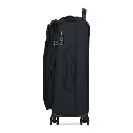 Black Vitality soft shell medium suitcase, side view showing the expansion zip and side handle