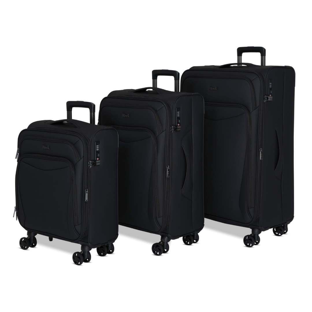 Black Vitality soft shell suitcase set: cabin, medium and large cases standing together