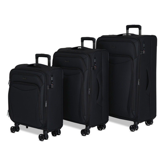 Black Vitality soft shell suitcase set: cabin, medium and large cases standing together