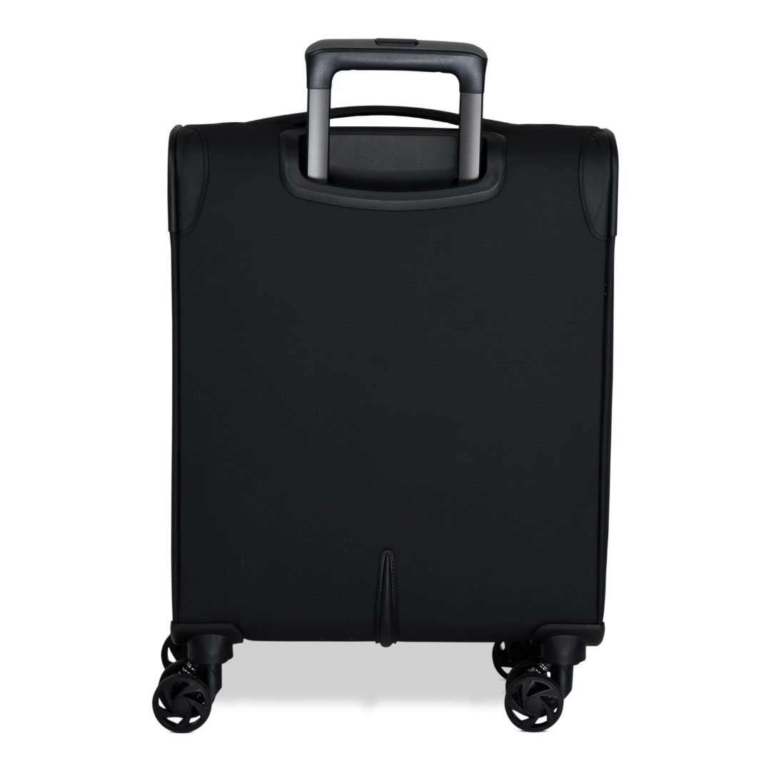 Black Vitality soft shell cabin suitcase from the back, showing the back panel and trolley handle