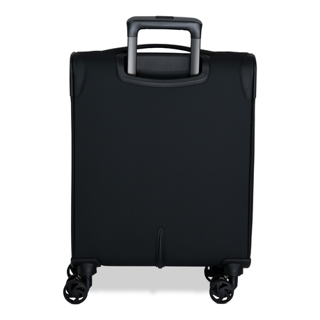 Black Vitality soft shell cabin suitcase from the back, showing the back panel and trolley handle
