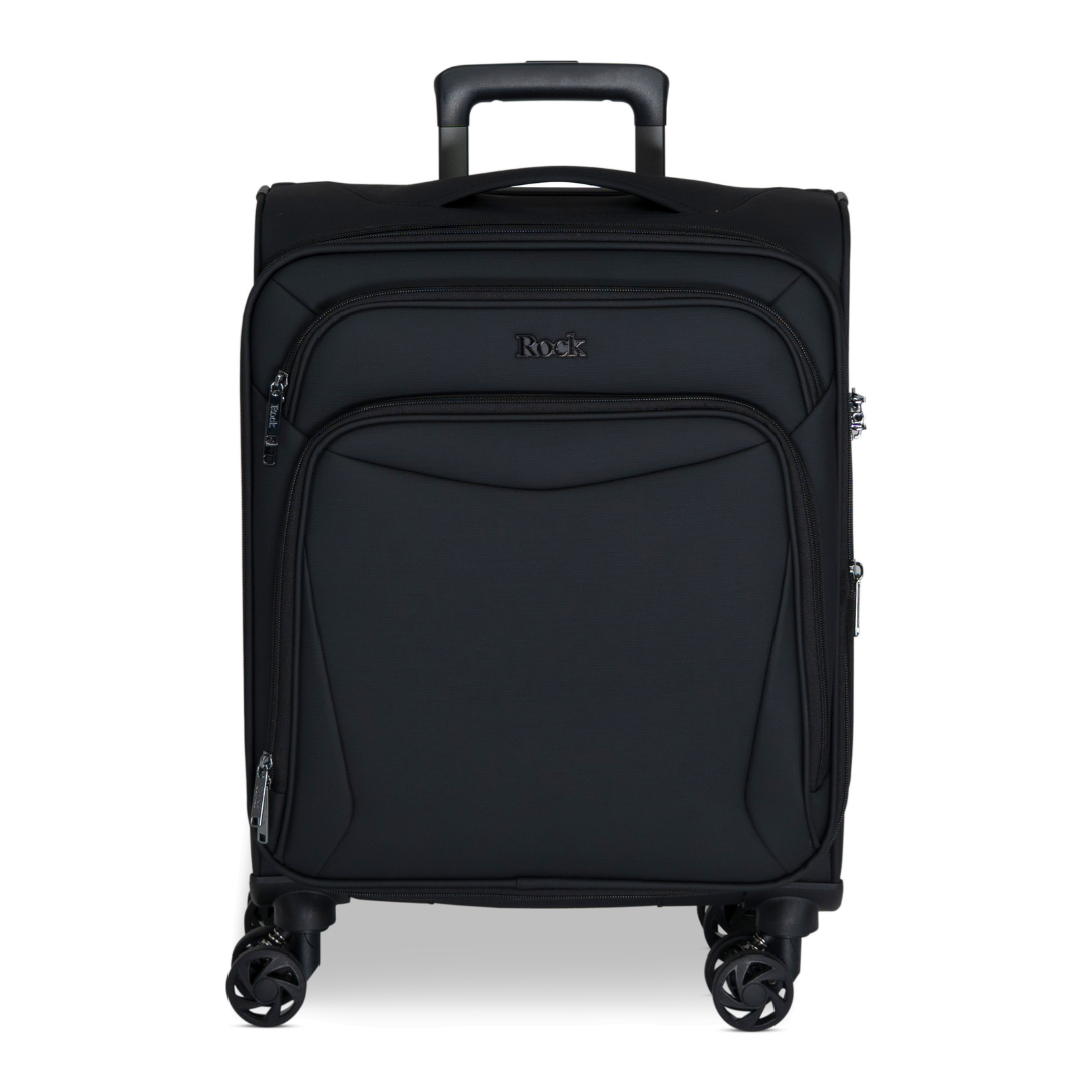 Black Vitality soft shell cabin suitcase with a zipped front pocket and 8 spinner wheels