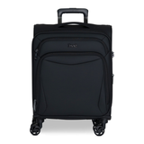 Black Vitality soft shell cabin suitcase with a zipped front pocket and 8 spinner wheels
